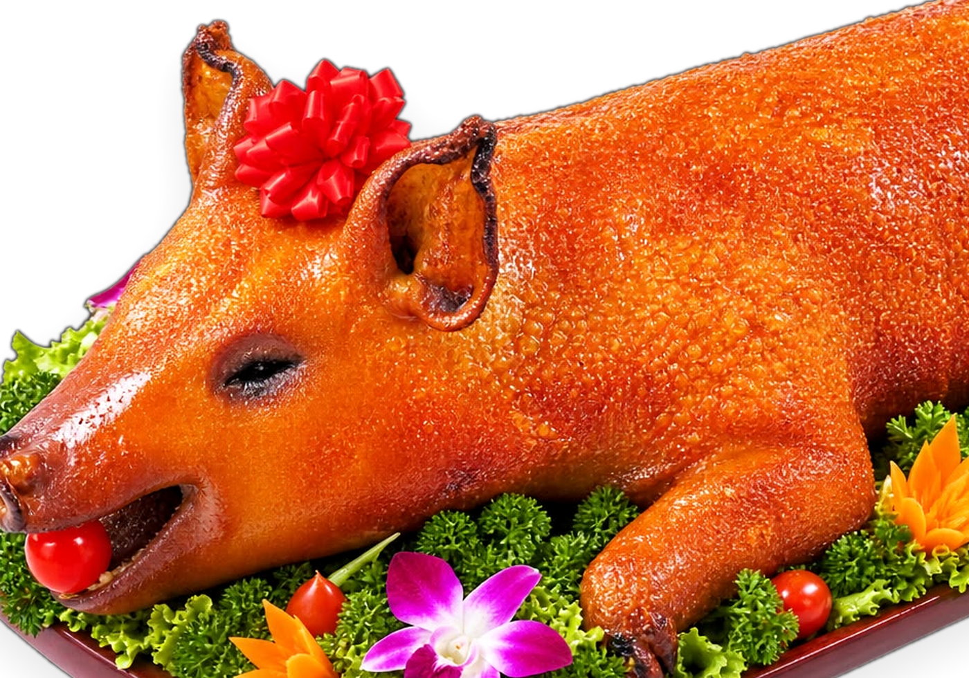 A Guan Chee golden roasted pig, close on the crackling