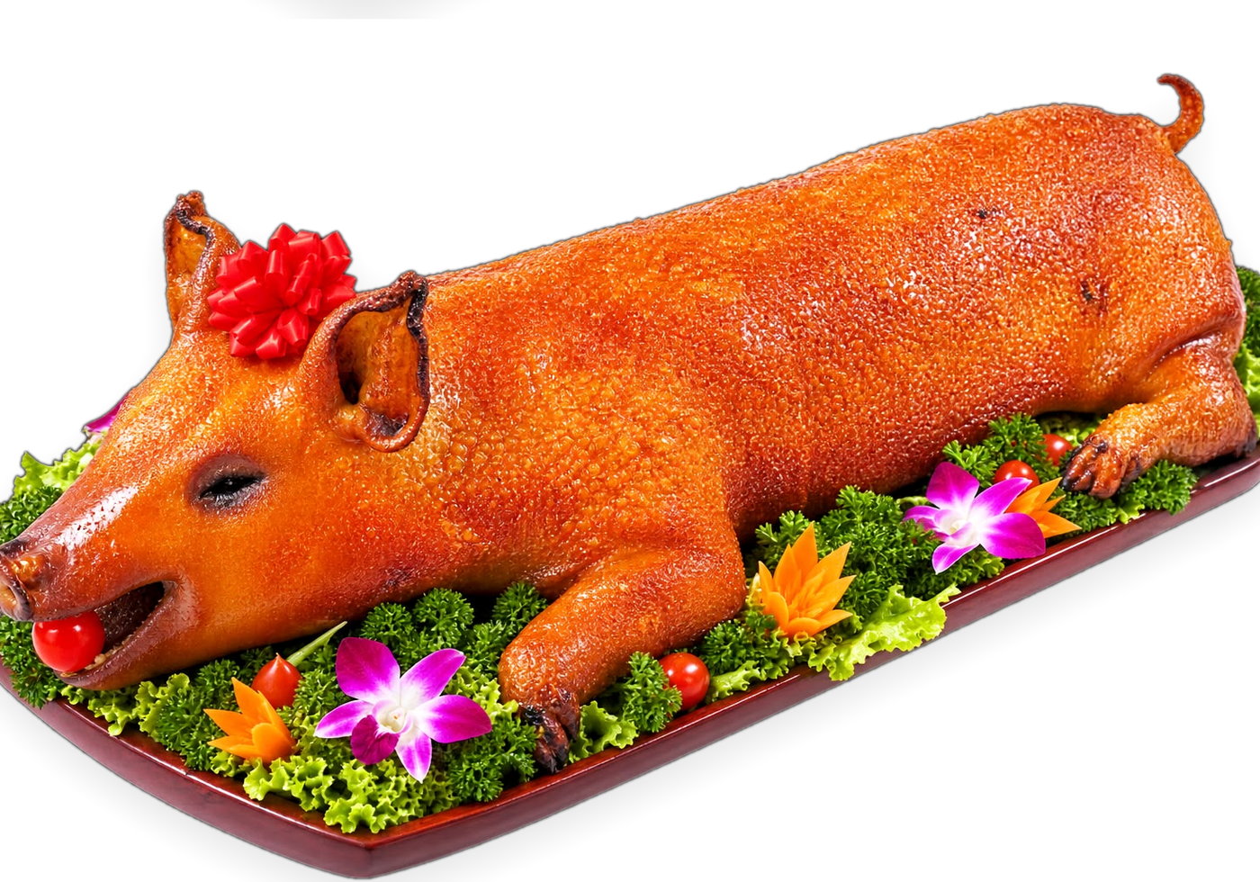 A Guan Chee golden roasted pig on a garnished platter