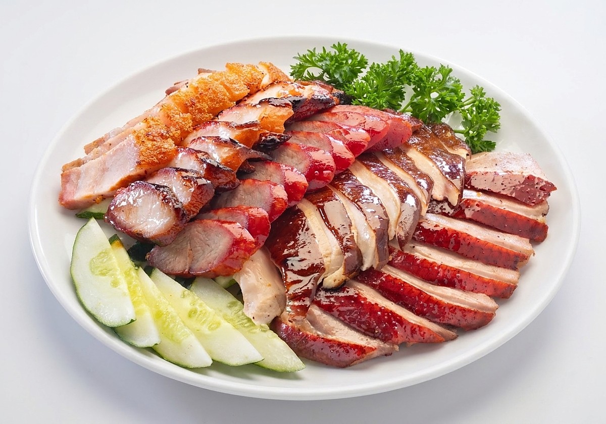 Guan Chee platter of five roasts — crispy roast pork, char siew, honey sausage, roast duck and soya chicken — with cucumber