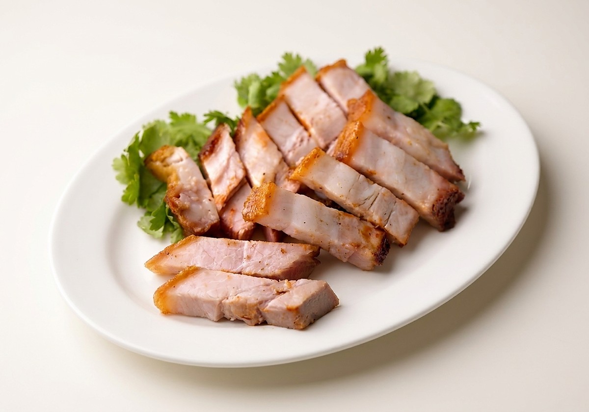Sliced crispy roast pork plated with coriander, showing the crackling
